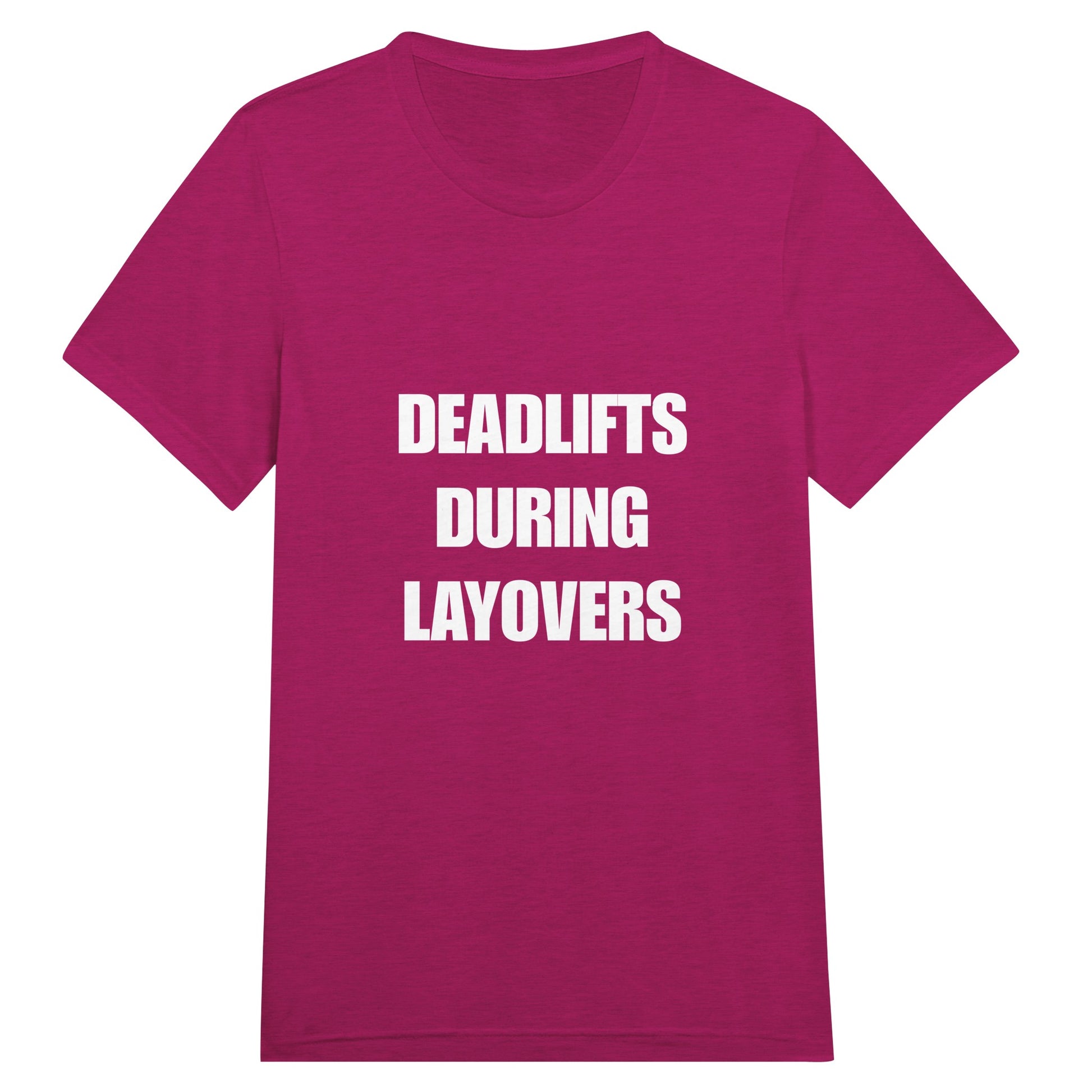 Deadlifts During Layovers travel workout tee — flight-tested travel fitness apparel for the road warrior | Dumbbells & Hotels