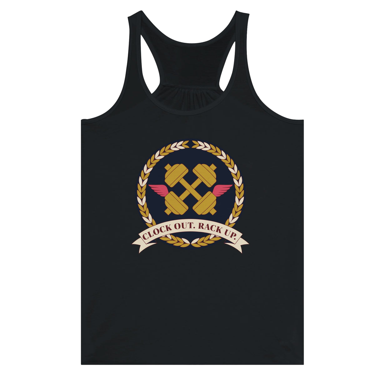 Clock Out. Rack Up. crest design on a Dumbbells and Hotels women's racerback tank