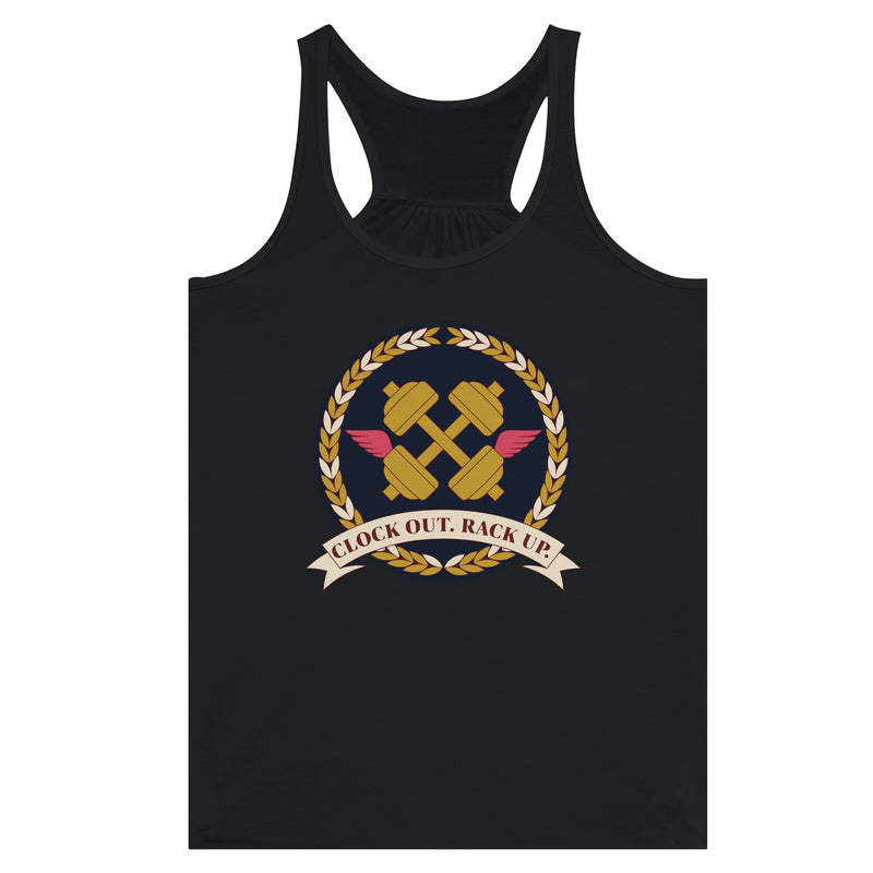 Clock Out. Rack Up. crest design on a Dumbbells and Hotels women's racerback tank
