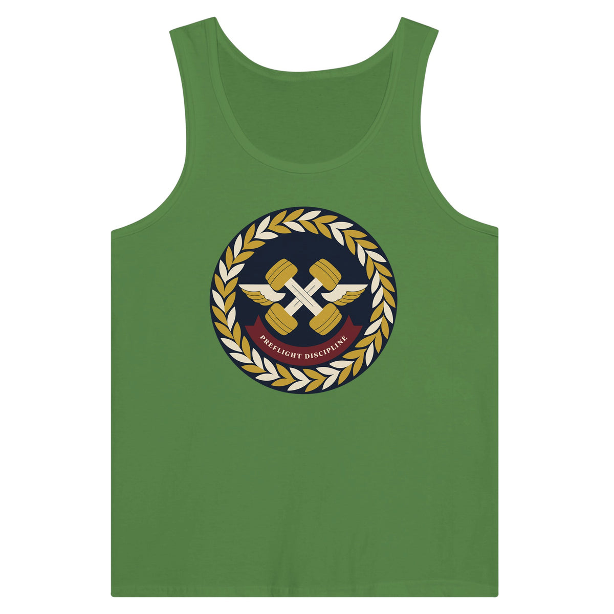 Preflight Discipline unisex tank top for travelling professionals, printed with a laurel-wreath crest with crossed dumbbells, aviator wings and a PREFLIGHT DISCIPLINE banner — product photo 5 of 18