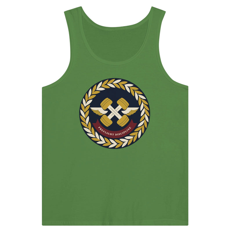 Preflight Discipline unisex tank top for travelling professionals, printed with a laurel-wreath crest with crossed dumbbells, aviator wings and a PREFLIGHT DISCIPLINE banner — product photo 5 of 18