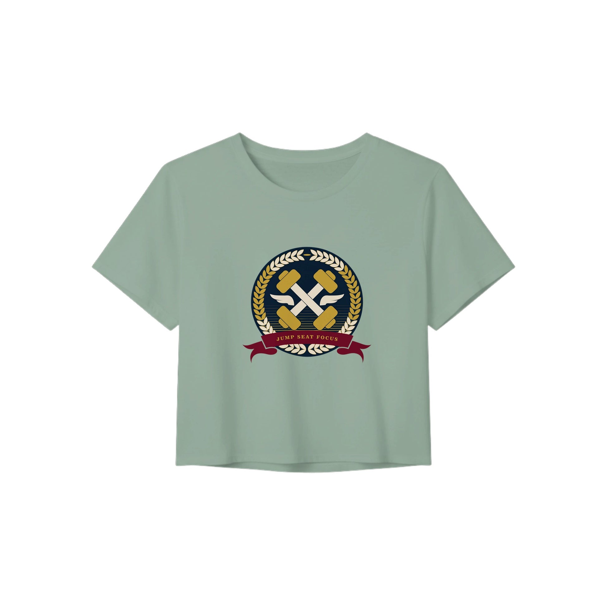 Dumbbells & Hotels women's crop tee with the Jump Seat Focus crest (gold laurel ring, crossed dumbbells over aviator wings, burgundy ribbon) - product shot 5 of 8