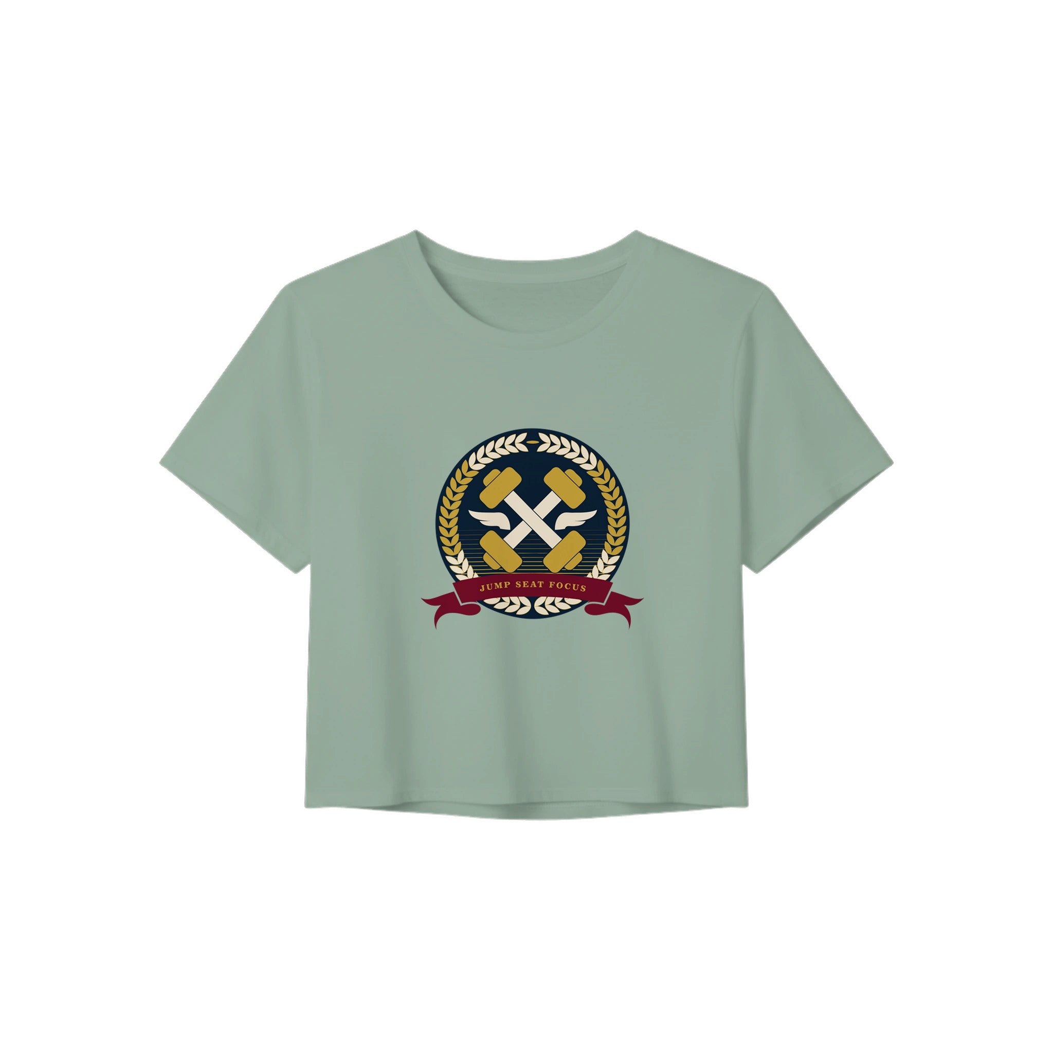 Dumbbells & Hotels women's crop tee with the Jump Seat Focus crest (gold laurel ring, crossed dumbbells over aviator wings, burgundy ribbon) - product shot 5 of 8