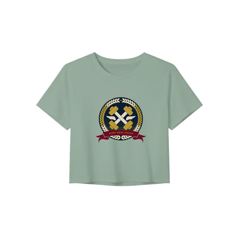 Dumbbells & Hotels women's crop tee with the Jump Seat Focus crest (gold laurel ring, crossed dumbbells over aviator wings, burgundy ribbon) - product shot 5 of 8