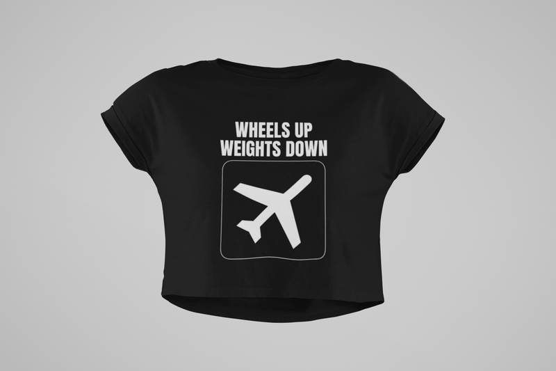Wheels Up Weights Down women's crop top black front view flat lay product image Dumbbells and Hotels veteran founded travel apparel