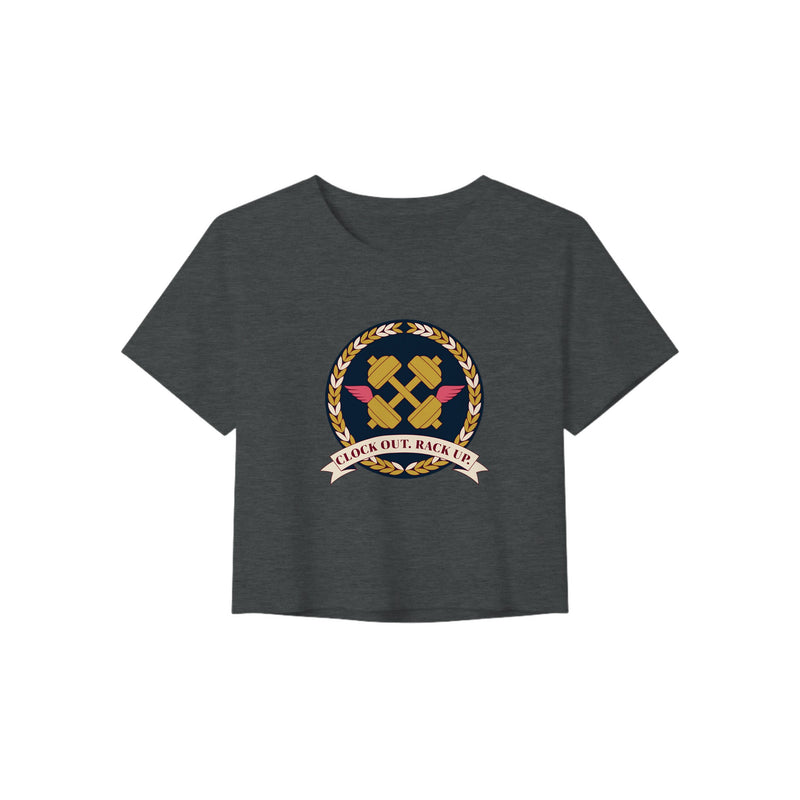 Clock Out. Rack Up. crest design on a Dumbbells and Hotels women's crop tee
