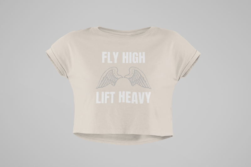 The Layover Crop Top Fly High Edition in Bone — women's travel crop top with Fly High Lift Heavy design by Dumbbells and Hotels | wrinkle-resistant hotel gym activewear
