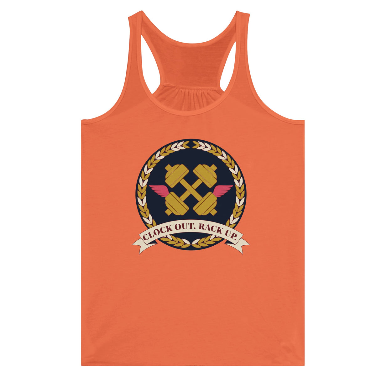 Clock Out. Rack Up. crest design on a Dumbbells and Hotels women's racerback tank