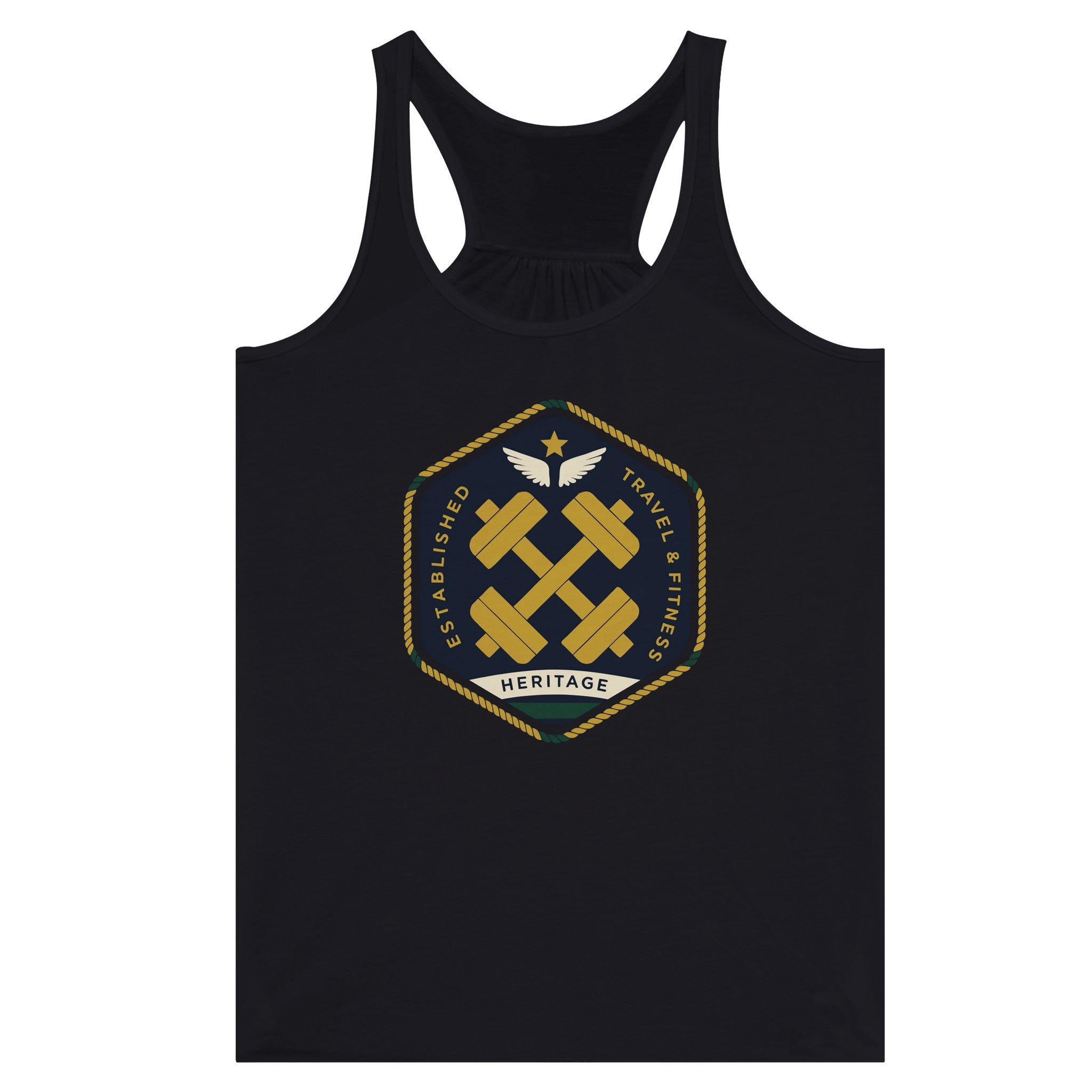 Heritage Standard crest-emblem flowy racerback tank, Dumbbells & Hotels road warrior apparel