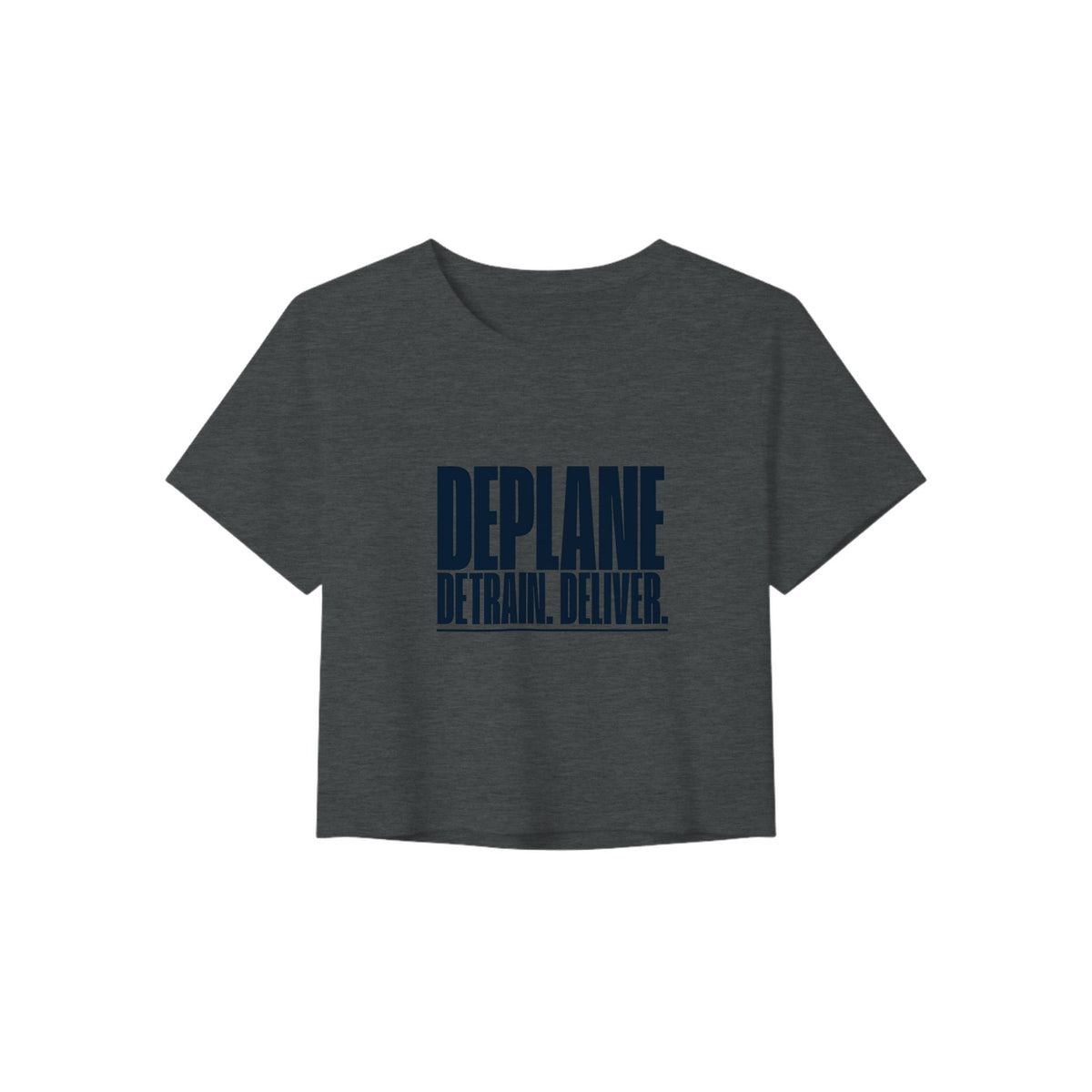 Deplane. Detrain. Deliver. crop tee, Dumbbells and Hotels, colorway flat lay