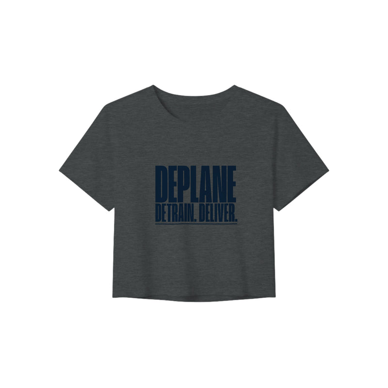 Deplane. Detrain. Deliver. crop tee, Dumbbells and Hotels, colorway flat lay