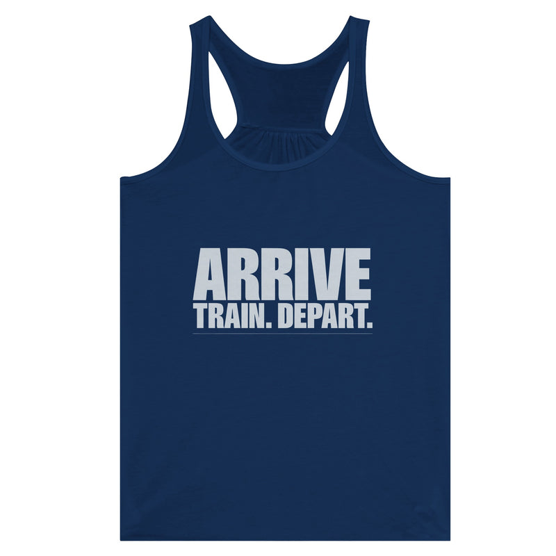 Arrive. Train. Depart. Racerback | Dumbbells & Hotels - Arrive. Train. Depart. design, racerback product photo