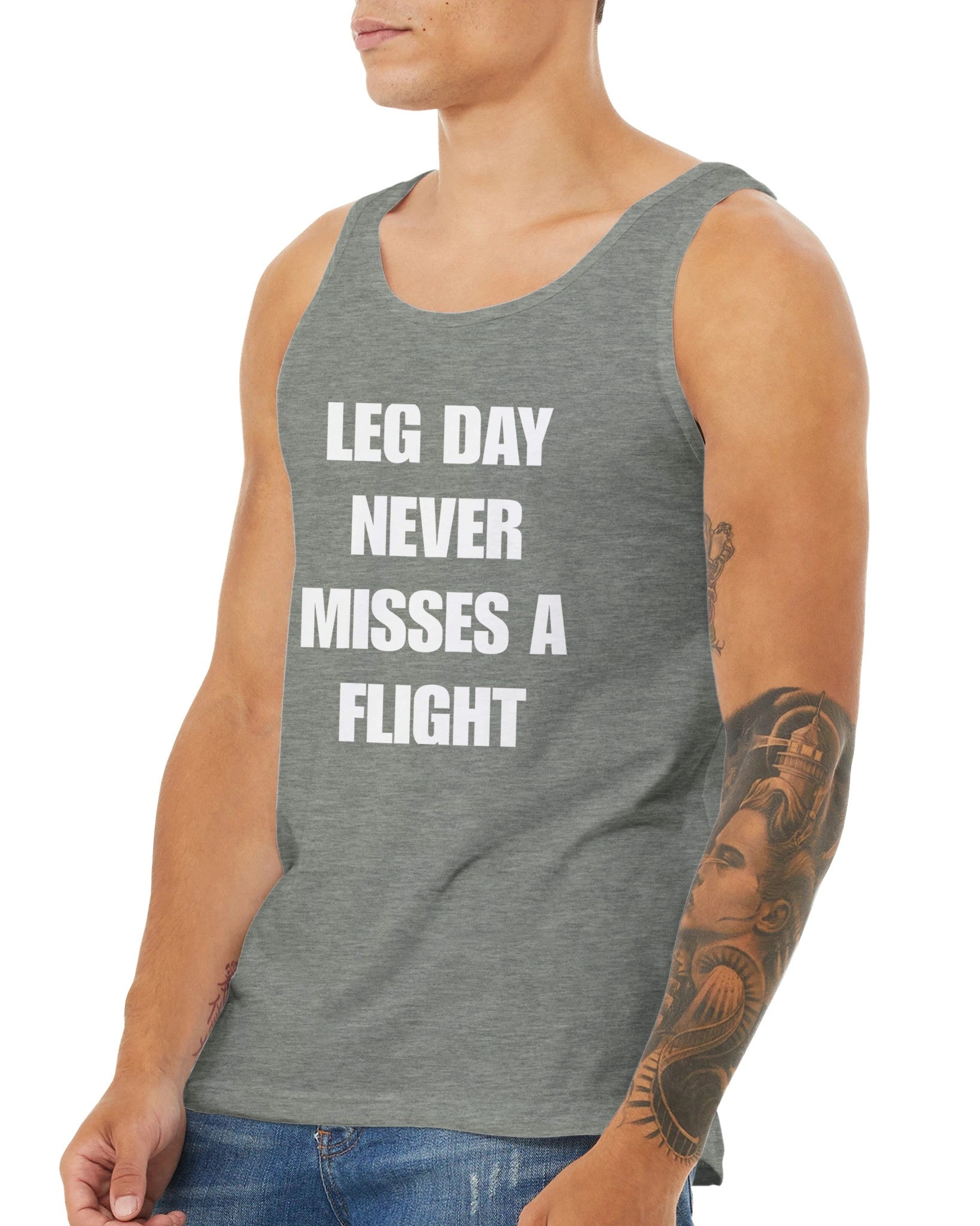 men's travel tank with white Leg Day Never Misses a Flight print on dark fabric, product view 18