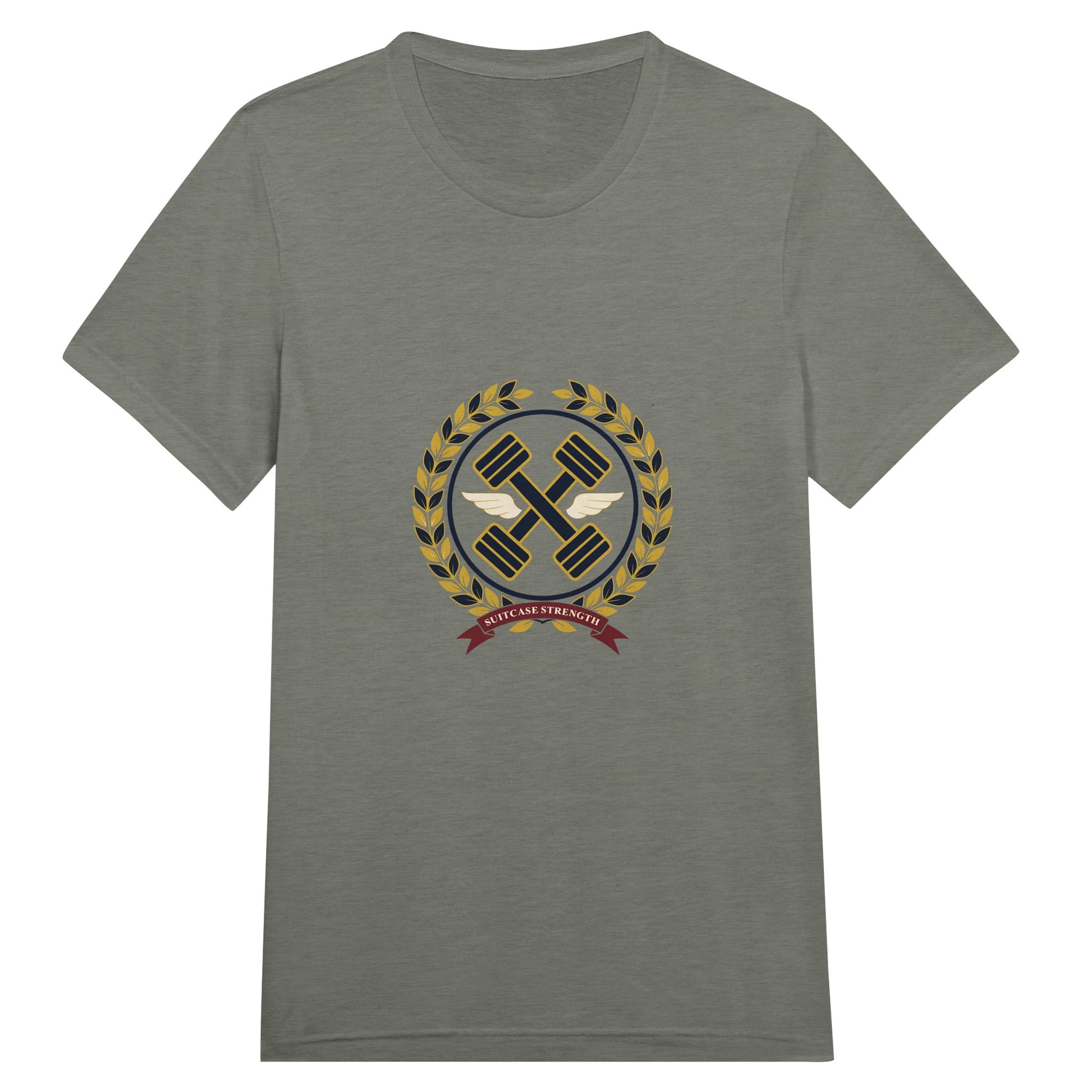 Suitcase Strength unisex triblend tee for travelling professionals, printed with a gold laurel-wreath crest with navy crossed dumbbells, cream aviator wings and a SUITCASE STRENGTH ribbon — product photo 1 of 19