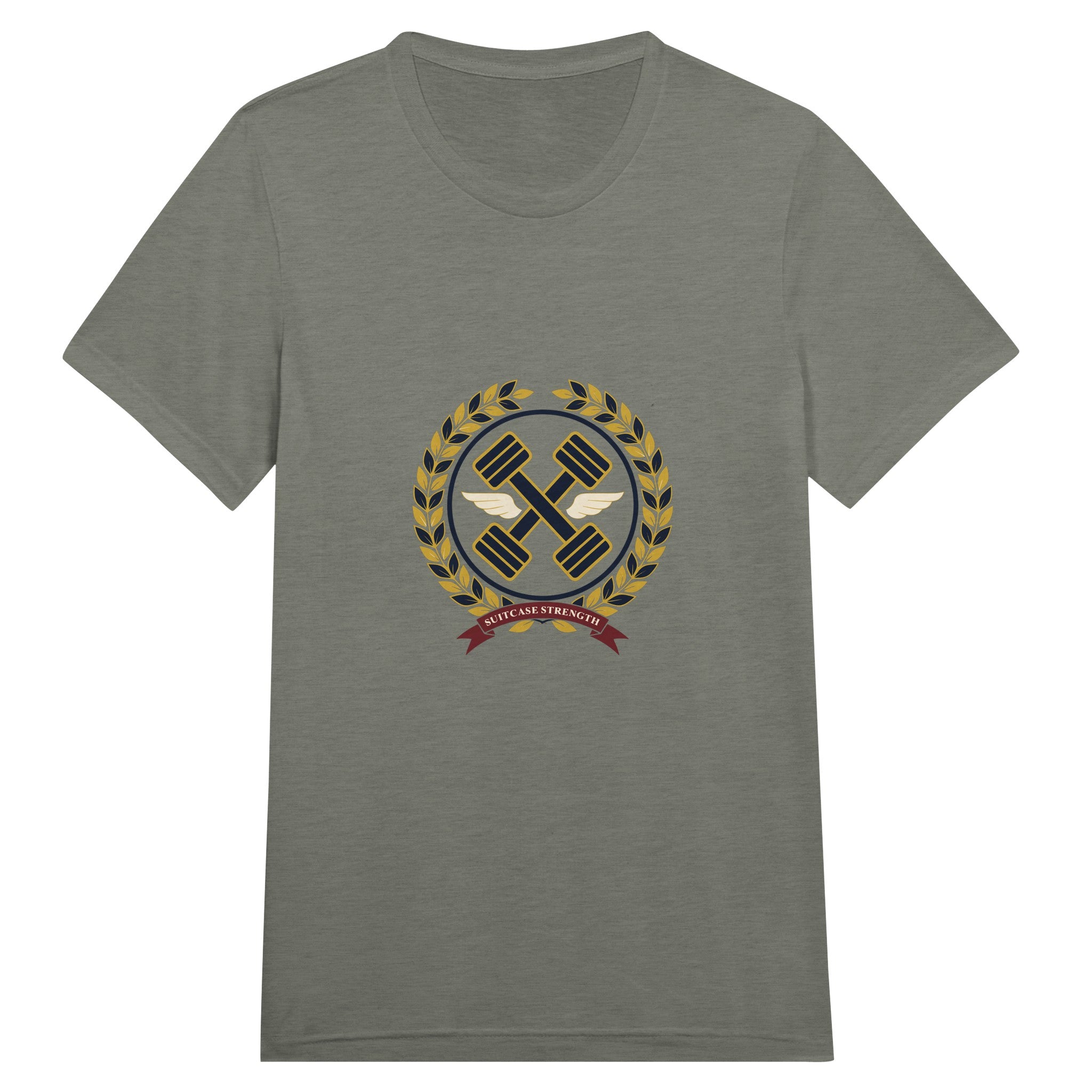 Suitcase Strength unisex triblend tee for travelling professionals, printed with a gold laurel-wreath crest with navy crossed dumbbells, cream aviator wings and a SUITCASE STRENGTH ribbon — product photo 1 of 19