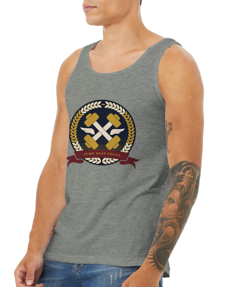 Dumbbells & Hotels unisex tank top with the Jump Seat Focus crest (gold laurel ring, crossed dumbbells over aviator wings, burgundy ribbon) - product shot 18 of 18