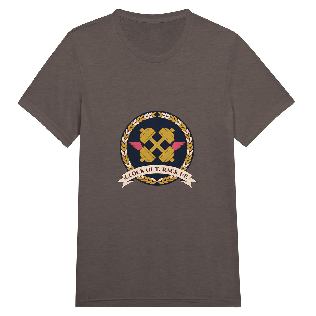 Clock Out. Rack Up. crest design on a Dumbbells and Hotels unisex travel tee