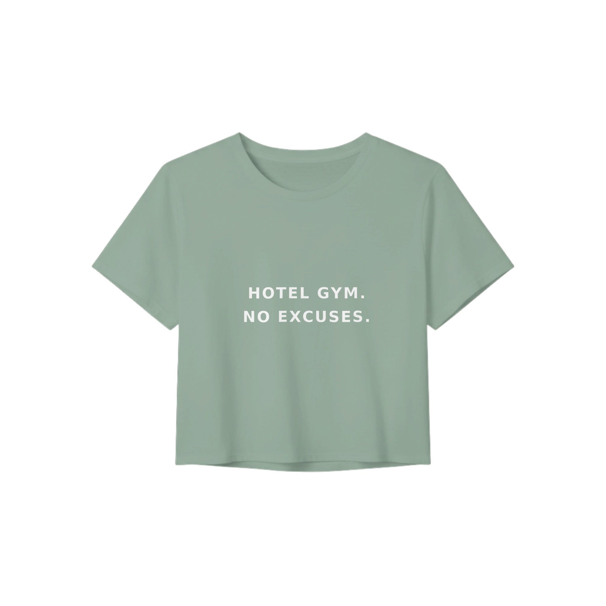 women's flowy travel crop tee with white Hotel Gym. No Excuses. statement print