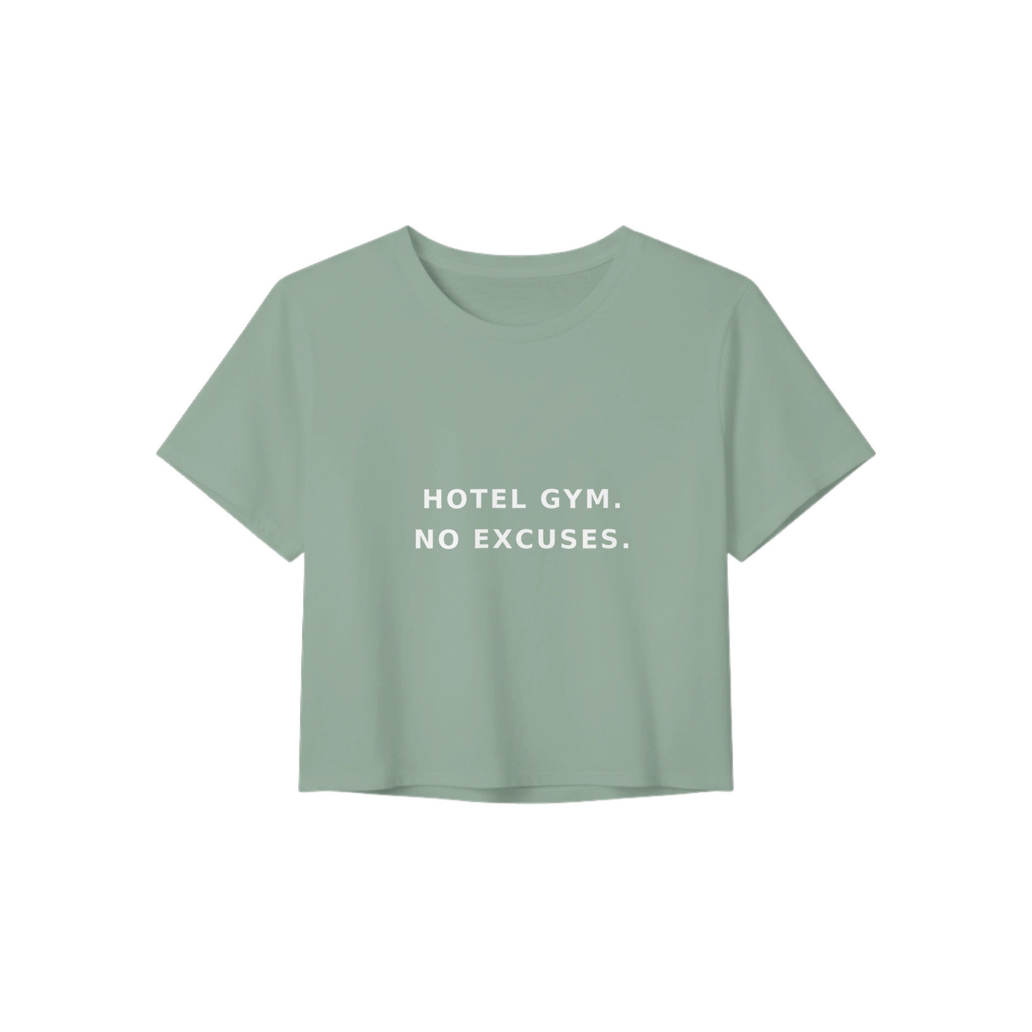 women's flowy travel crop tee with white Hotel Gym. No Excuses. statement print