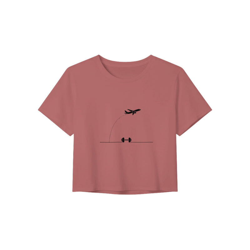 Beverage Cart Miles, Bodyweight Wins women's travel crop tee by Dumbbells & Hotels - close up print
