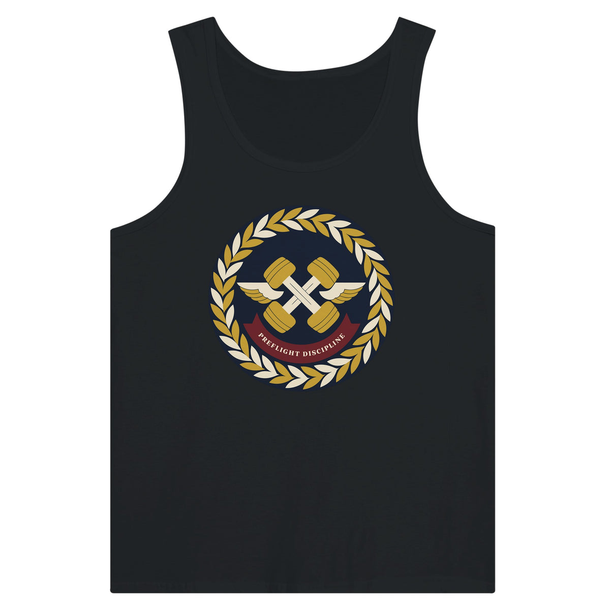 Preflight Discipline unisex tank top for travelling professionals, printed with a laurel-wreath crest with crossed dumbbells, aviator wings and a PREFLIGHT DISCIPLINE banner — product photo 8 of 18