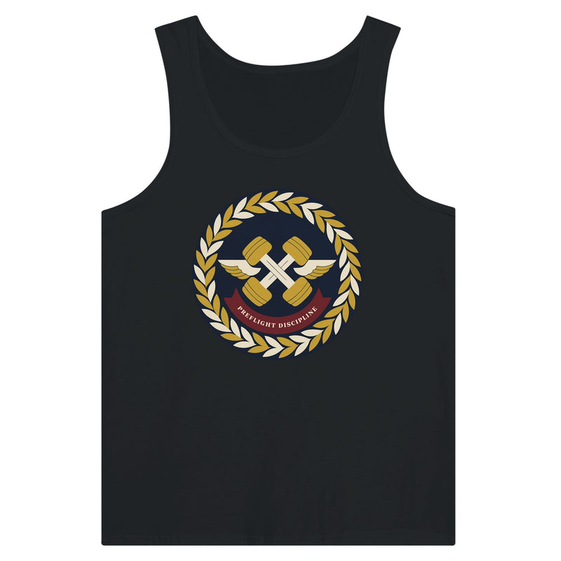 Preflight Discipline unisex tank top for travelling professionals, printed with a laurel-wreath crest with crossed dumbbells, aviator wings and a PREFLIGHT DISCIPLINE banner — product photo 8 of 18