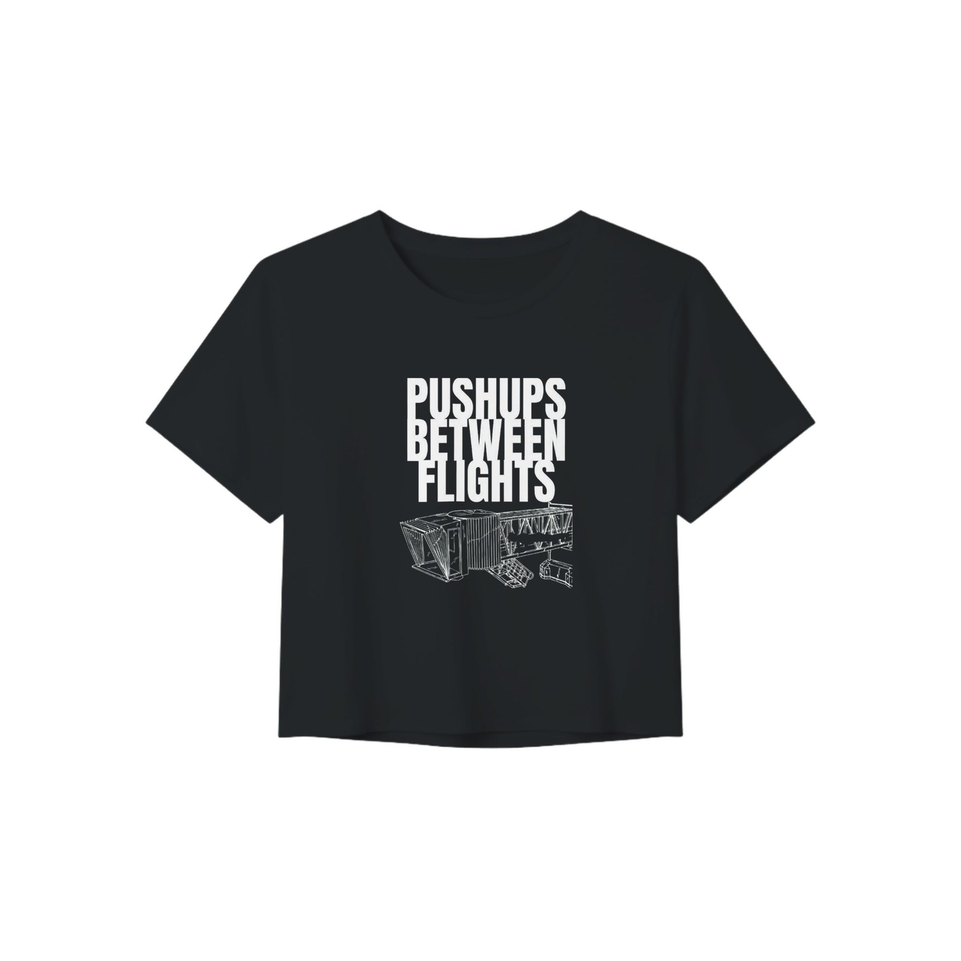 women's flowy travel crop tee with white Pushups Between Flights jet-bridge print, product view 3