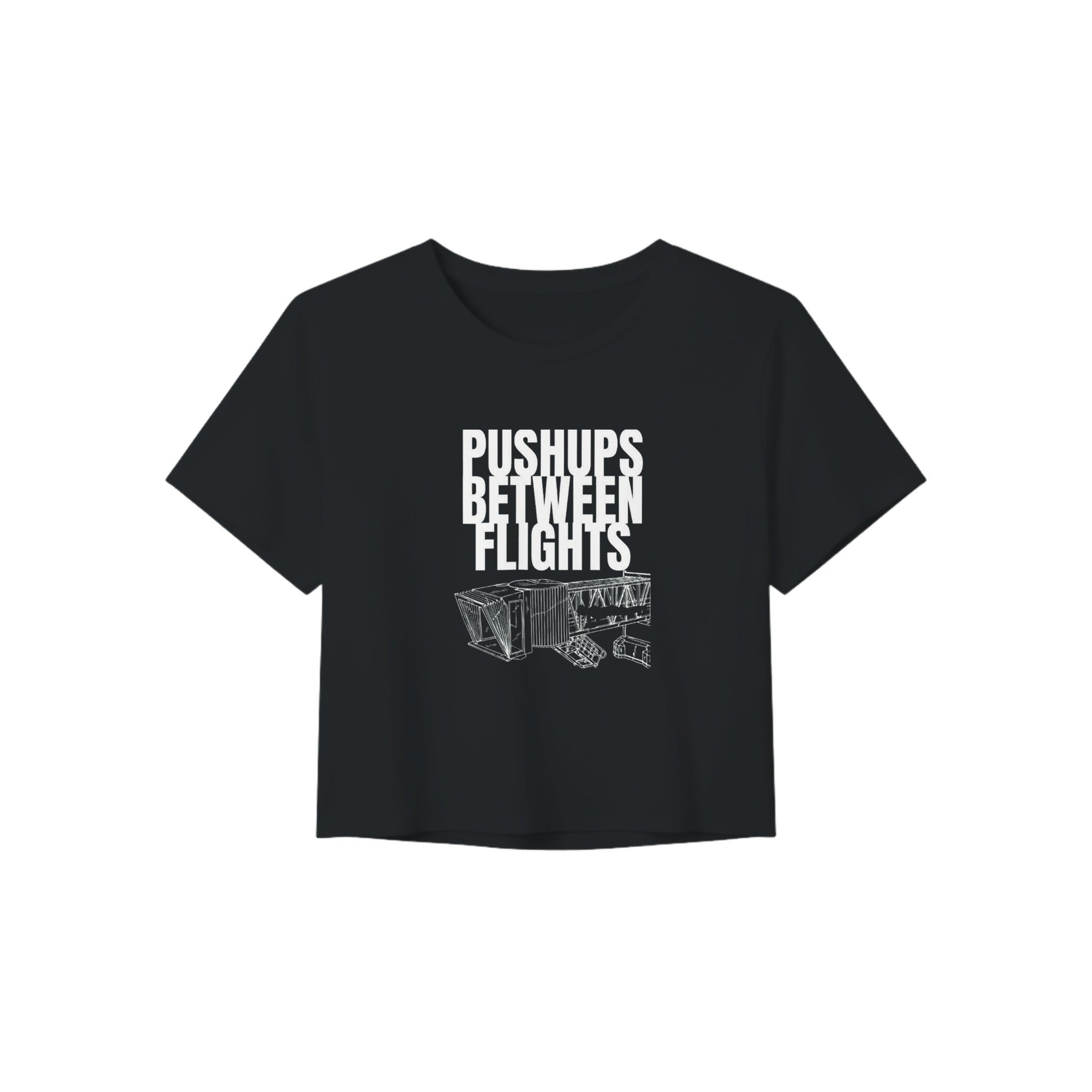 women's flowy travel crop tee with white Pushups Between Flights jet-bridge print, product view 3