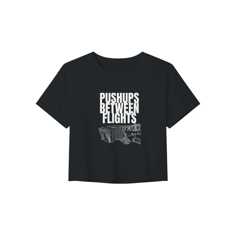 women's flowy travel crop tee with white Pushups Between Flights jet-bridge print, product view 3