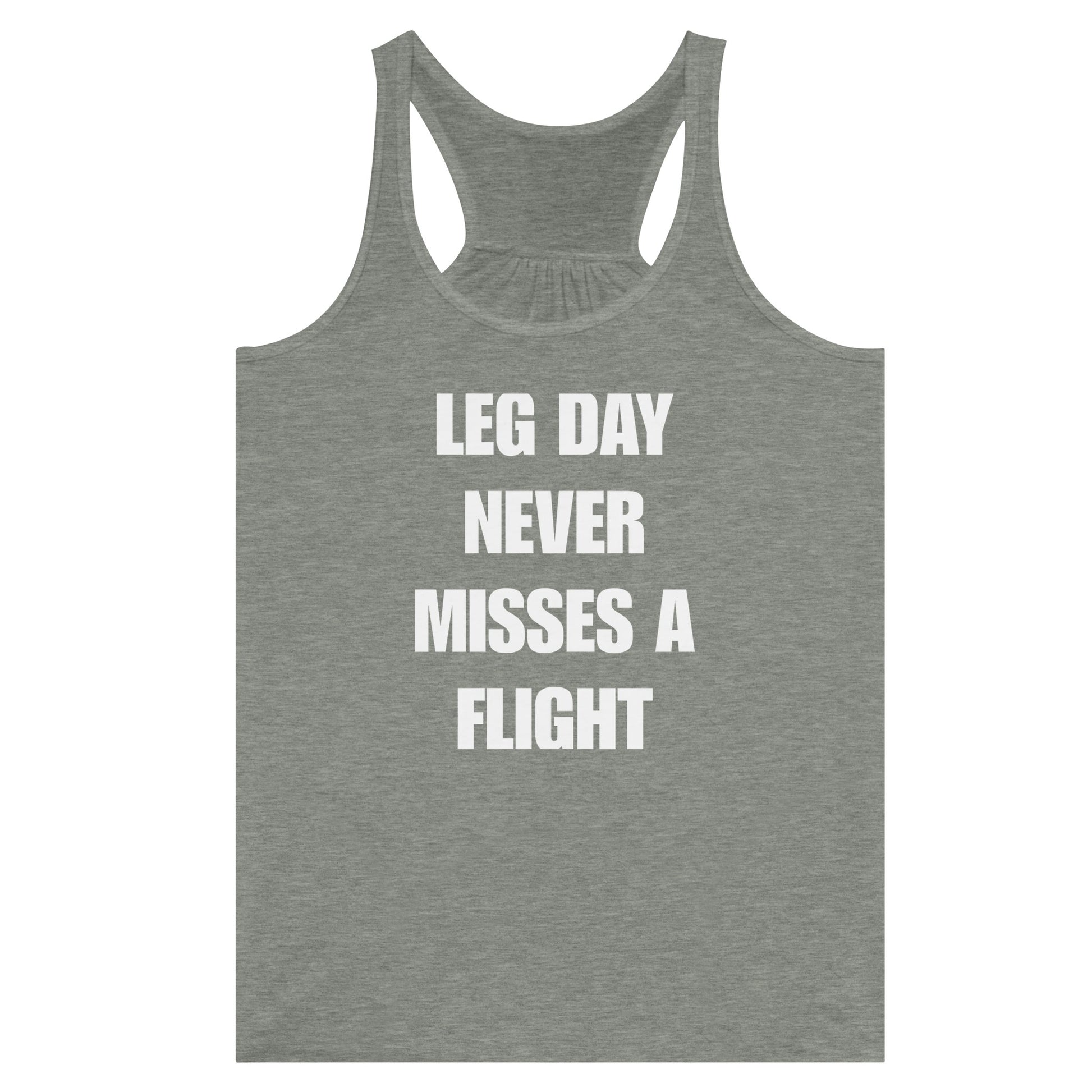 Dumbbells & Hotels women's flowy racerback tank with the Leg Day Never Misses a Flight graphic - product shot 1 of 13