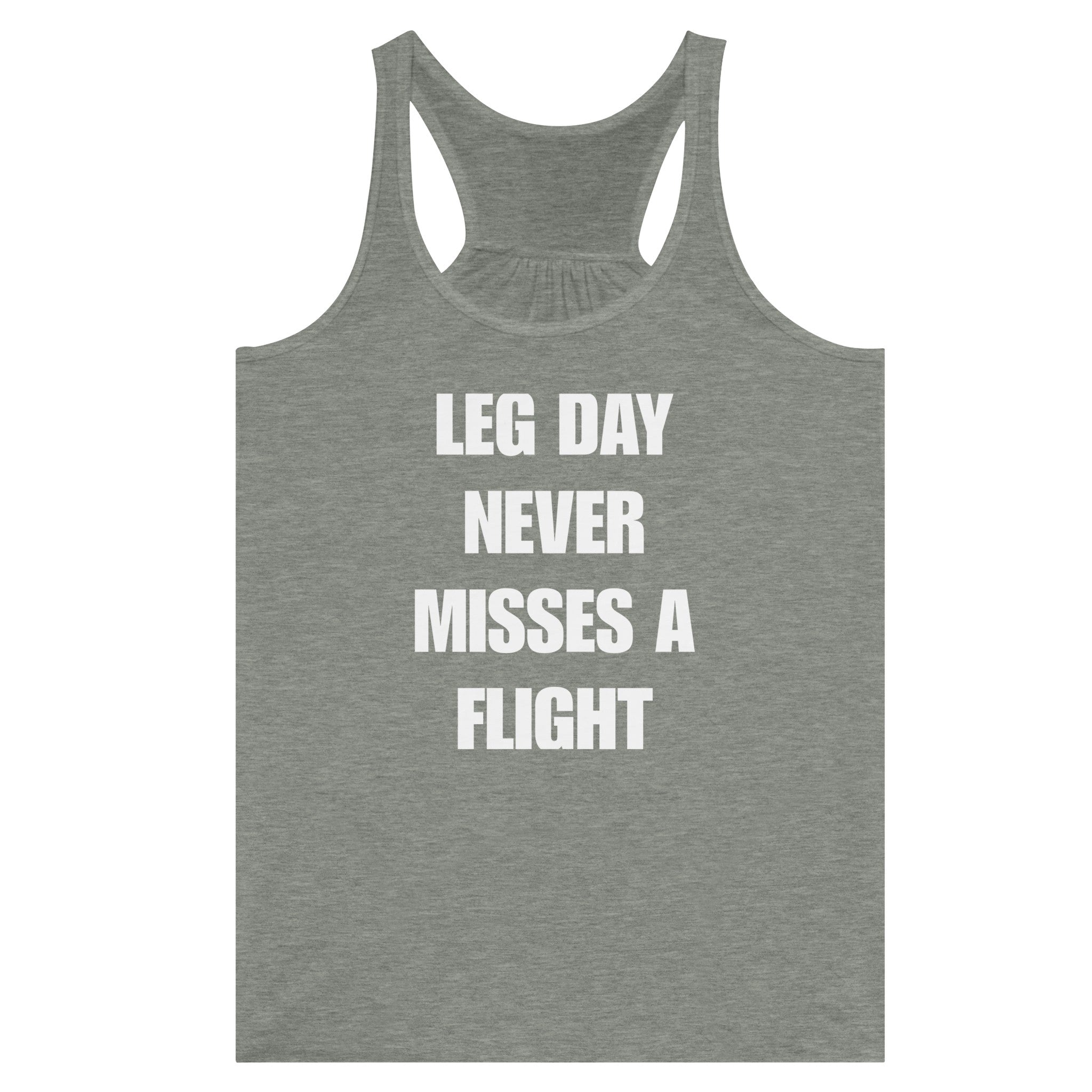 Dumbbells & Hotels women's flowy racerback tank with the Leg Day Never Misses a Flight graphic - product shot 1 of 13