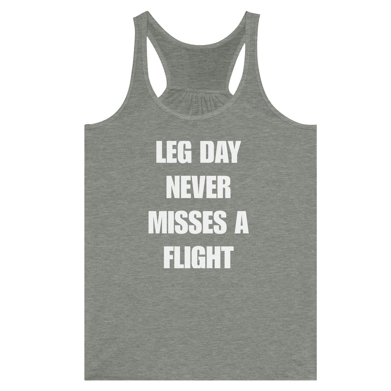 Dumbbells & Hotels women's flowy racerback tank with the Leg Day Never Misses a Flight graphic - product shot 1 of 13