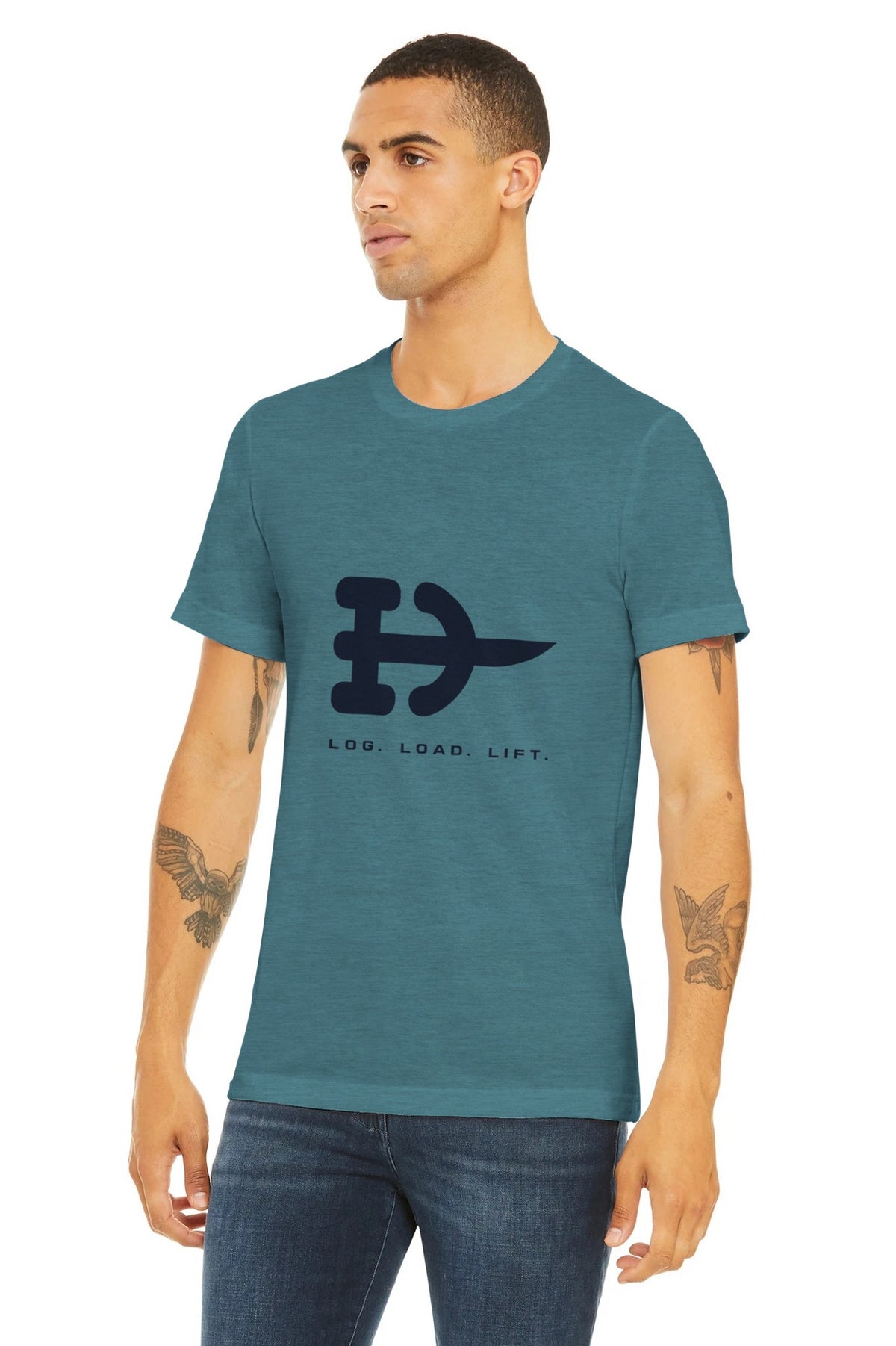 Log. Load. Lift. Tee | Dumbbells & Hotels - Log. Load. Lift. design, tee product photo