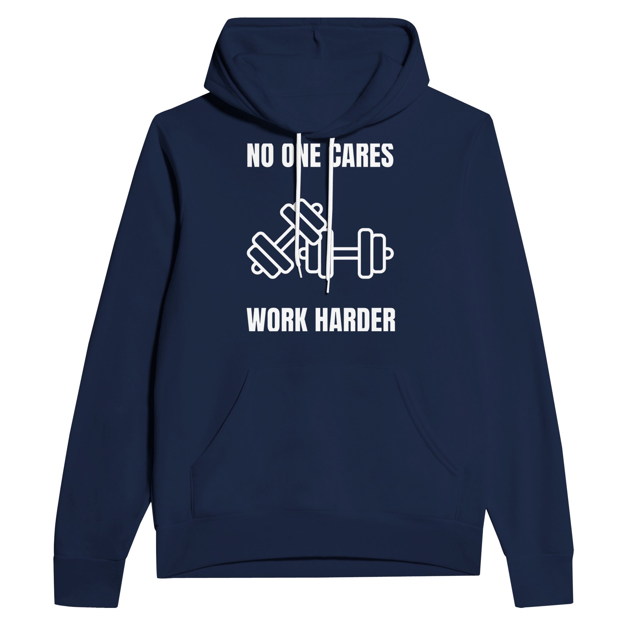No One Cares. Work Harder sponge fleece hoodie — layover-ready capsule-wardrobe apparel designed by pilots | Dumbbells & Hotels
