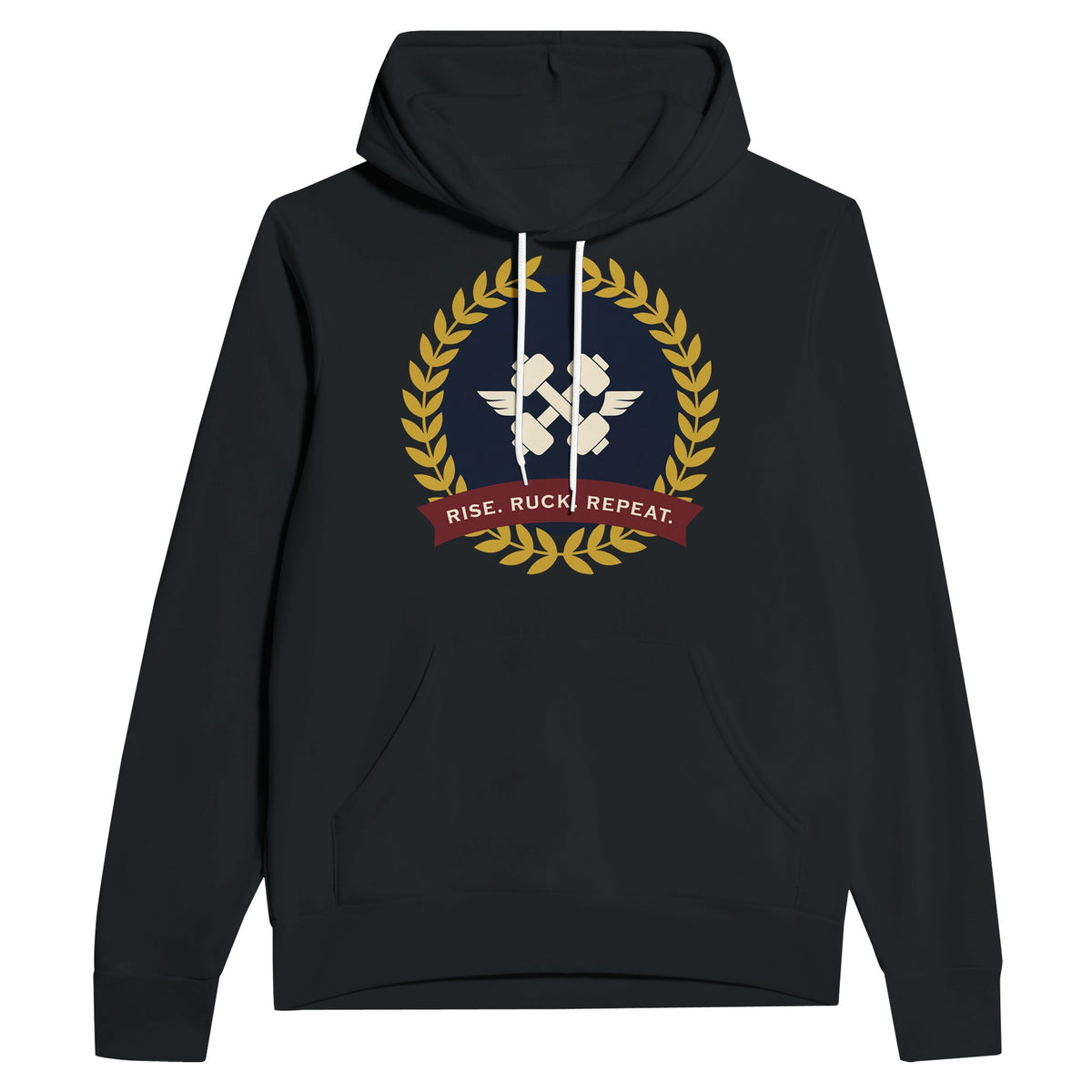 Rise. Ruck. Repeat. unisex pullover hoodie in Black — packable travel training apparel from Dumbbells & Hotels
