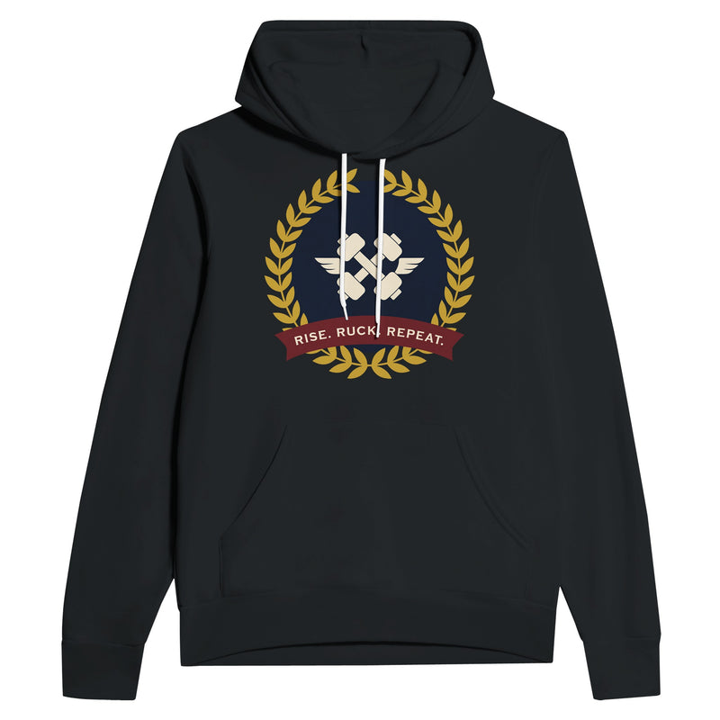 Rise. Ruck. Repeat. unisex pullover hoodie in Black — packable travel training apparel from Dumbbells & Hotels