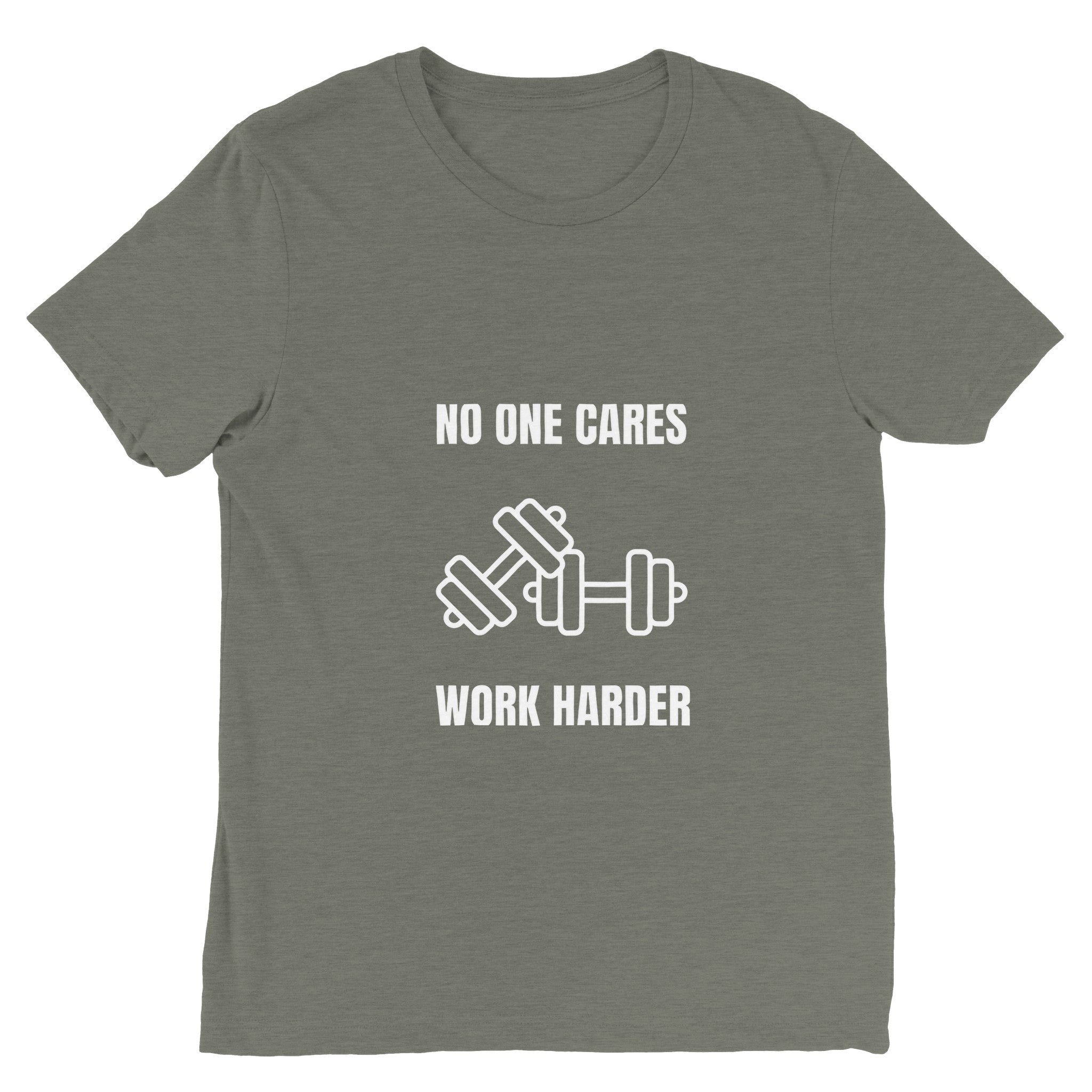 unisex triblend travel tee with white No One Cares. Work Harder. crossed-dumbbells print, styled for hotel gym training