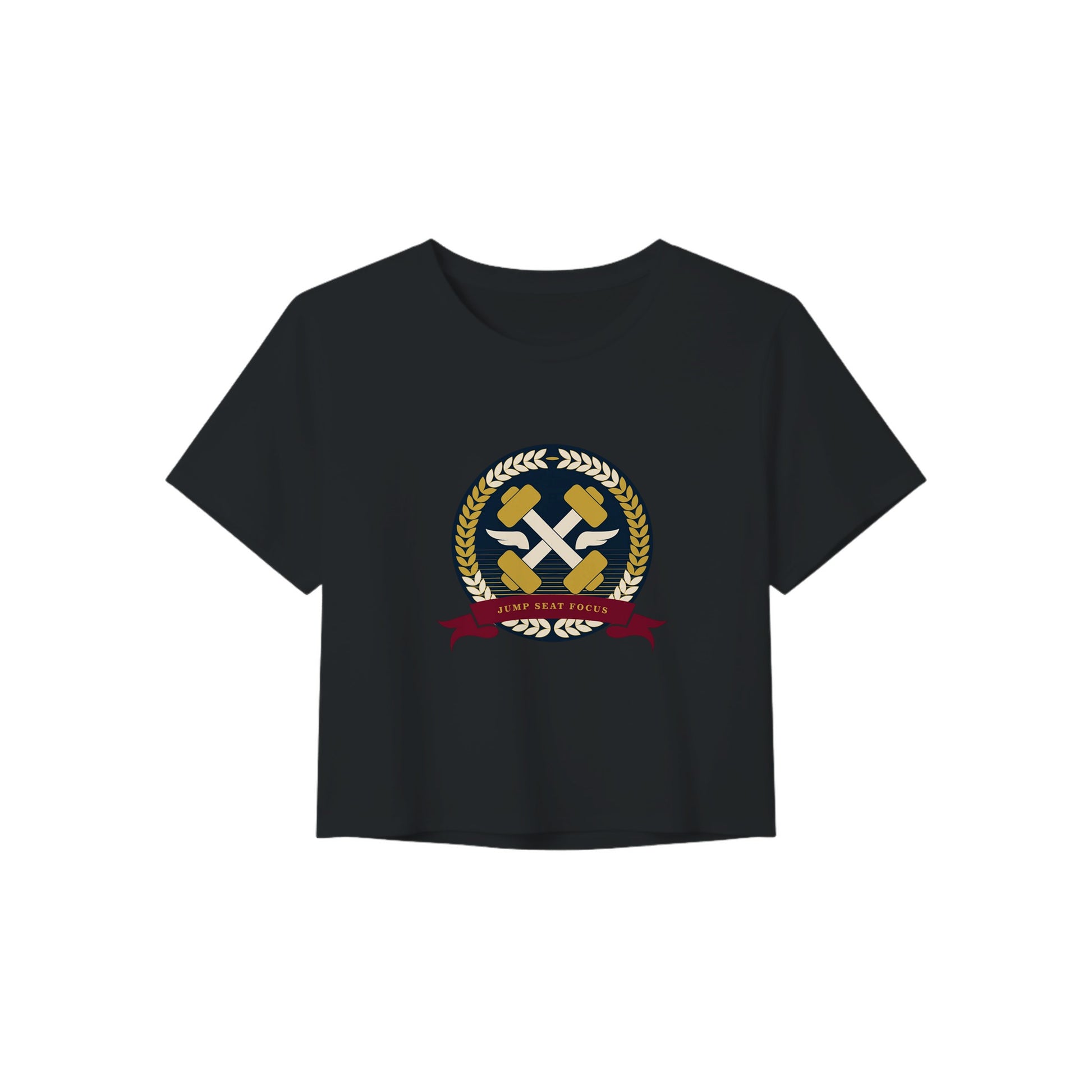 Dumbbells & Hotels women's crop tee with the Jump Seat Focus crest (gold laurel ring, crossed dumbbells over aviator wings, burgundy ribbon) - product shot 3 of 8