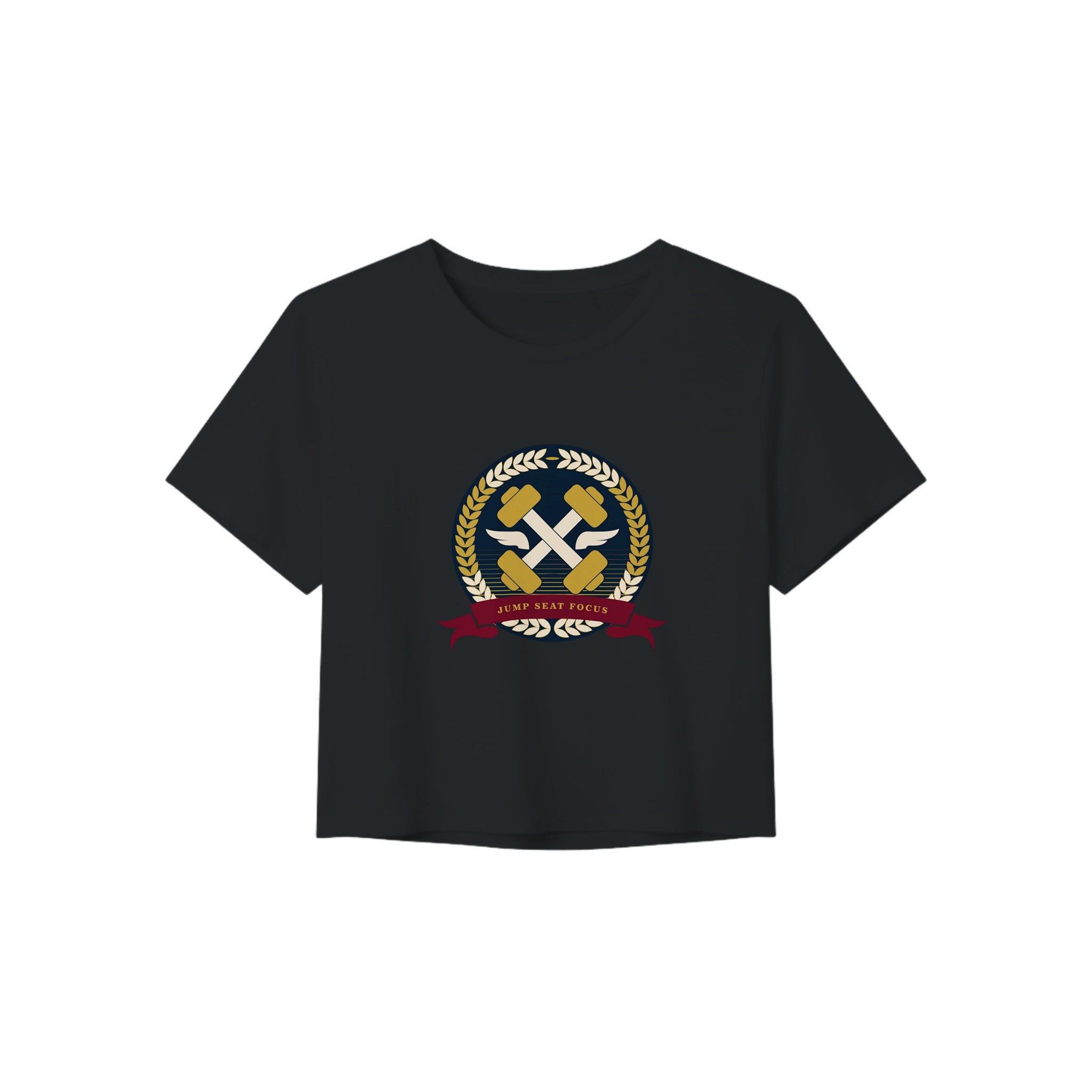 Dumbbells & Hotels women's crop tee with the Jump Seat Focus crest (gold laurel ring, crossed dumbbells over aviator wings, burgundy ribbon) - product shot 3 of 8