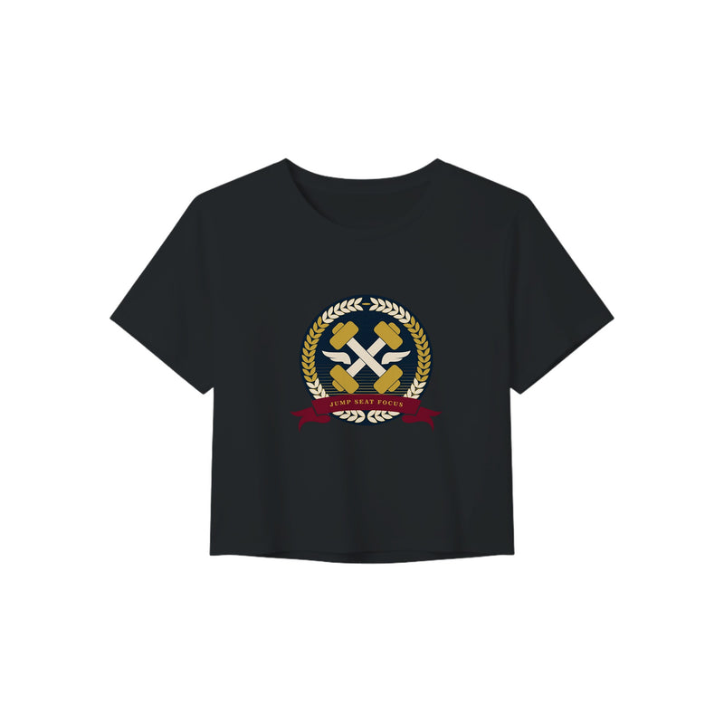 Dumbbells & Hotels women's crop tee with the Jump Seat Focus crest (gold laurel ring, crossed dumbbells over aviator wings, burgundy ribbon) - product shot 3 of 8