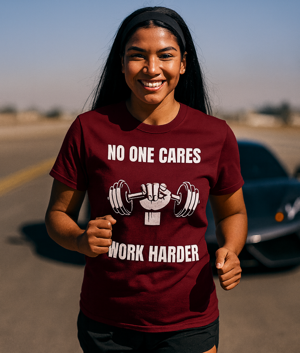 "No One Cares. Work Harder" Unisex Classic Tee White Text Hand & Dumbbell by Dumbbells and Hotels