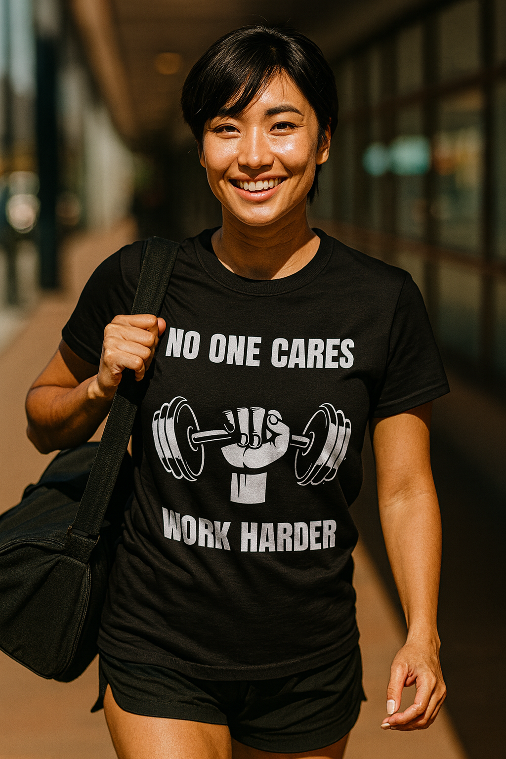 "No One Cares. Work Harder" Unisex Classic Tee White Text Hand & Dumbbell by Dumbbells and Hotels