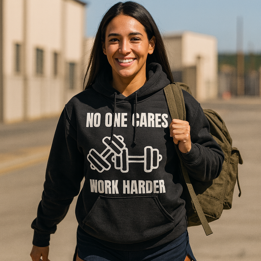"No One Cares. Work Harder" Unisex Hoodie White Text Double Dumbbells by Dumbbells and Hotels