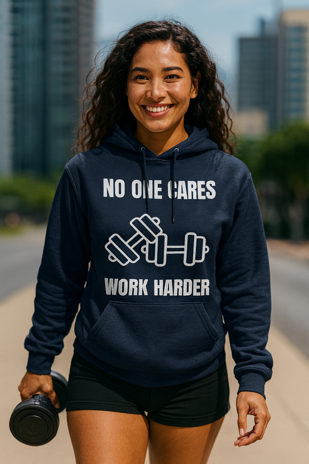 "No One Cares. Work Harder" Unisex Hoodie White Text Double Dumbbells by Dumbbells and Hotels