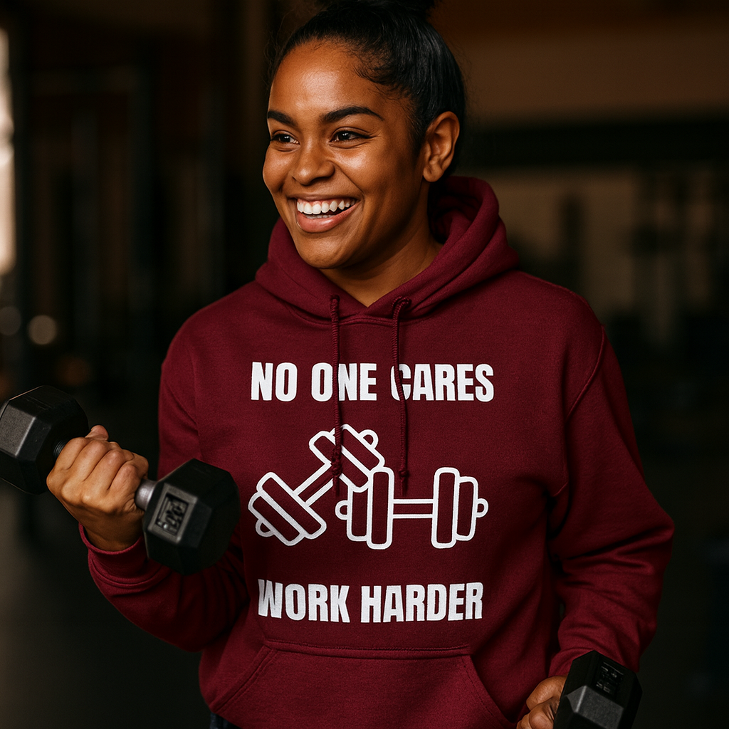No One Cares Work Harder — dark sponge fleece hoodie by Dumbbells & Hotels | Flight-tested hotel gym gear