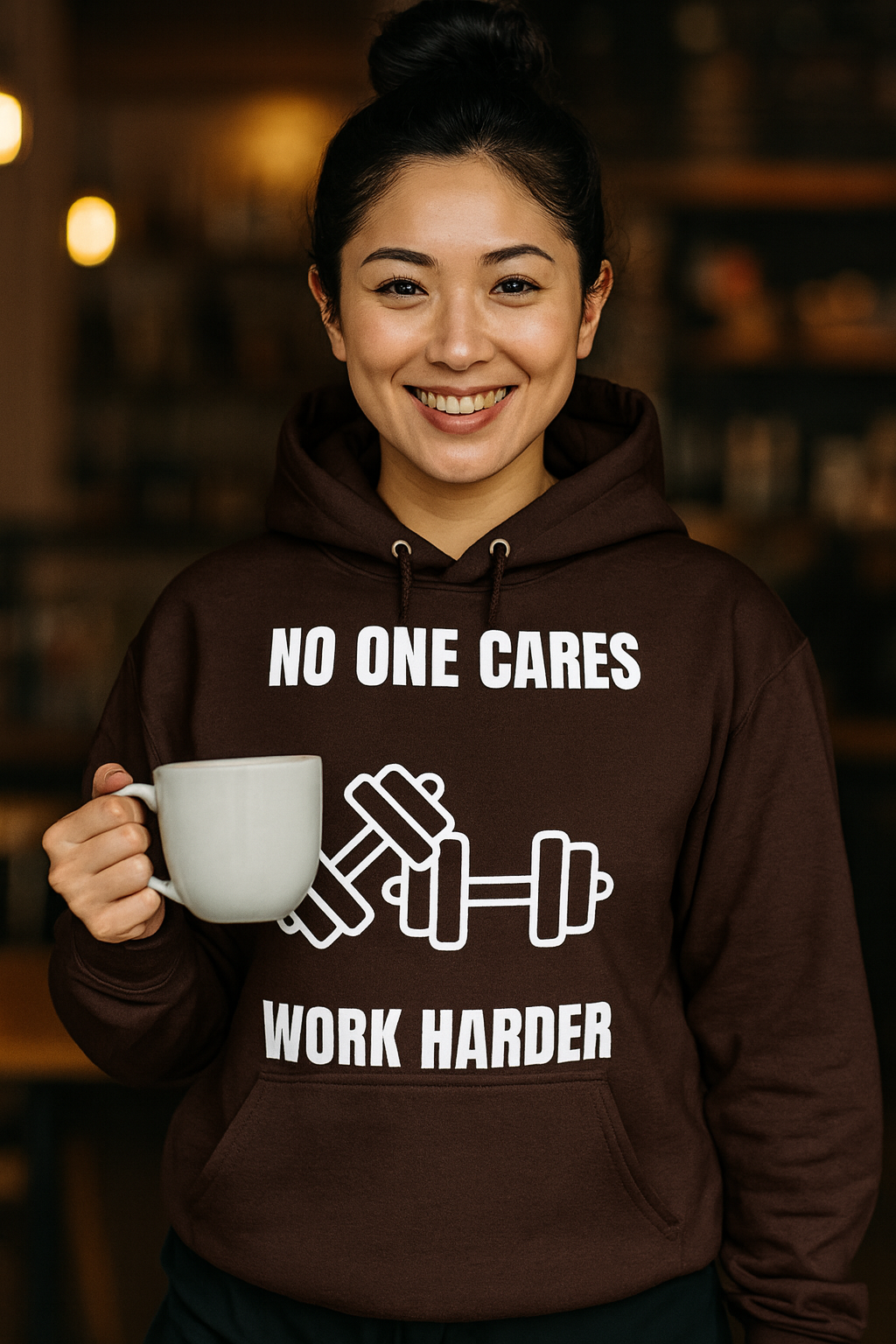 No One Cares Work Harder — dark sponge fleece hoodie by Dumbbells & Hotels | Flight-tested hotel gym gear