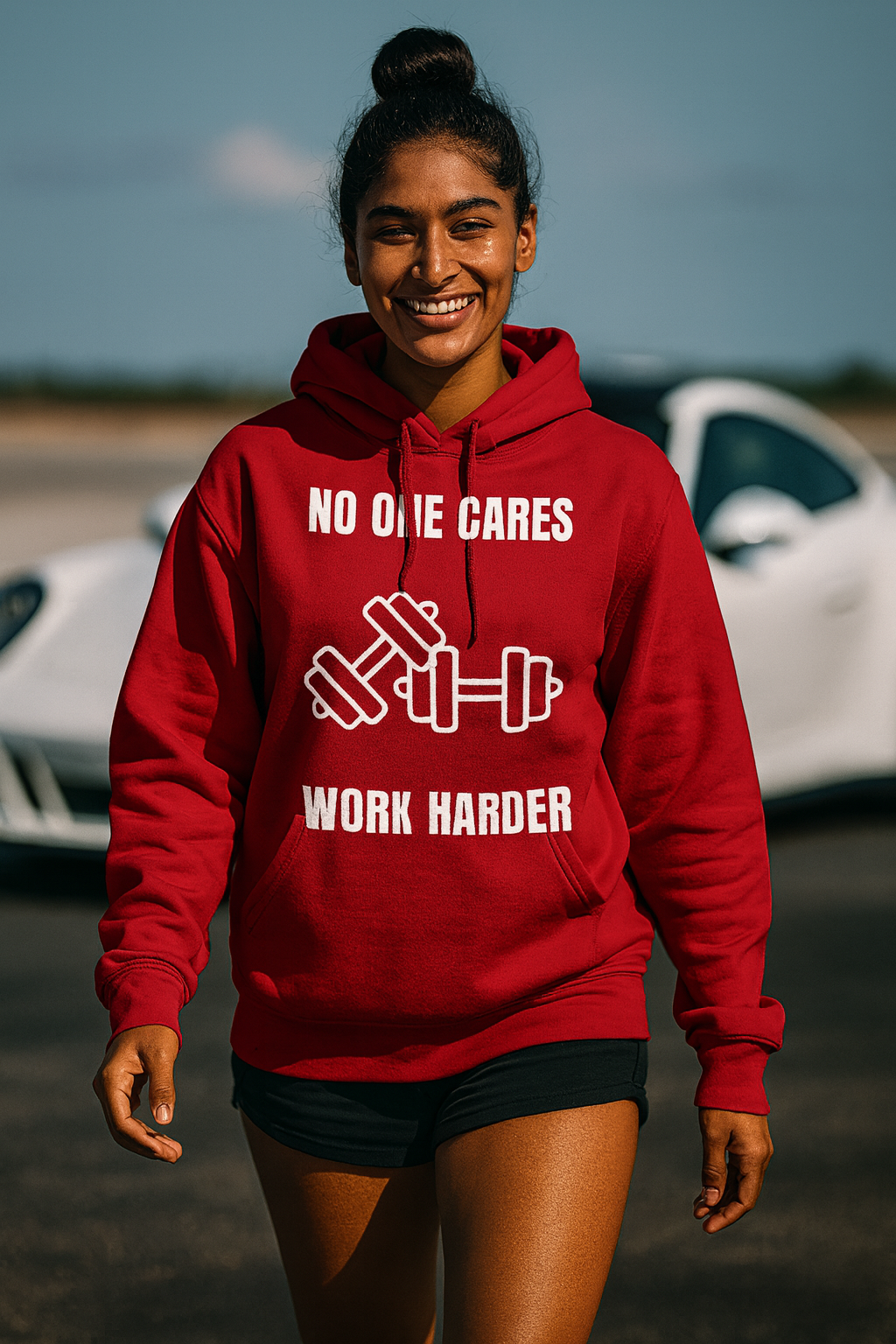 No One Cares Work Harder — dark sponge fleece hoodie by Dumbbells & Hotels | Flight-tested hotel gym gear