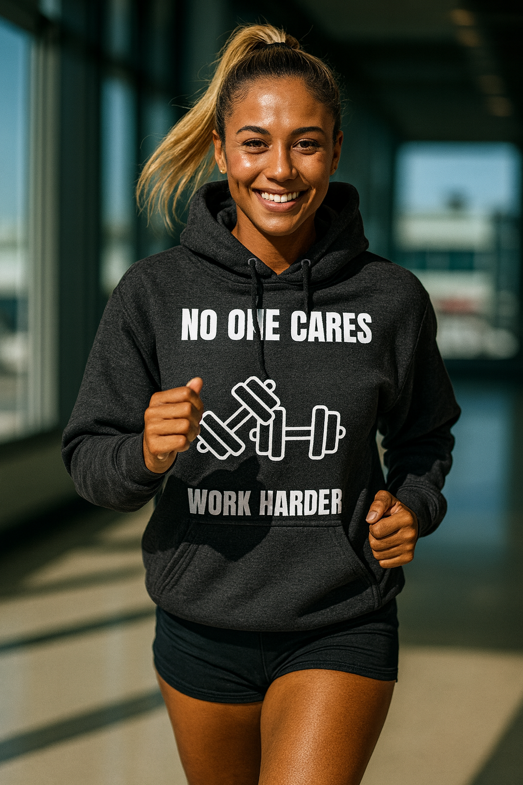No One Cares Work Harder — dark sponge fleece hoodie by Dumbbells & Hotels | Flight-tested hotel gym gear