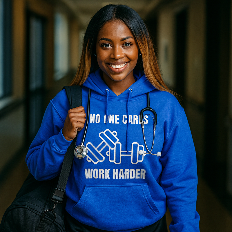 No One Cares Work Harder — dark sponge fleece hoodie by Dumbbells & Hotels | Flight-tested hotel gym gear