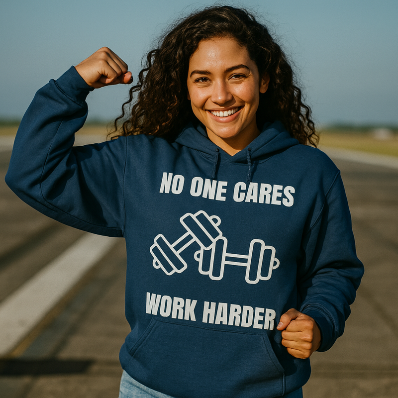 No One Cares Work Harder — dark sponge fleece hoodie by Dumbbells & Hotels | Flight-tested hotel gym gear